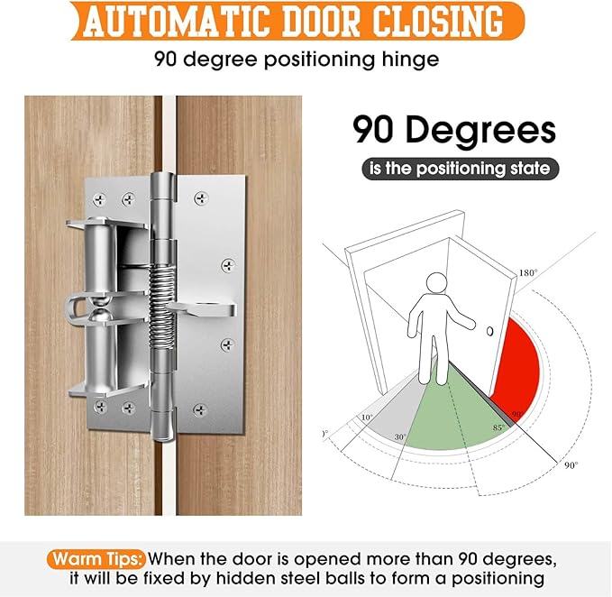 3in1-4 Inches Automatic Door Hinge, Heavy Duty Self-Closing Wooden Door Closer, Hardware Spring Hinge, Automatic Self Closing Door Hinges with Positioning 90 Degrees (Brushed Silver) (2, Silver)