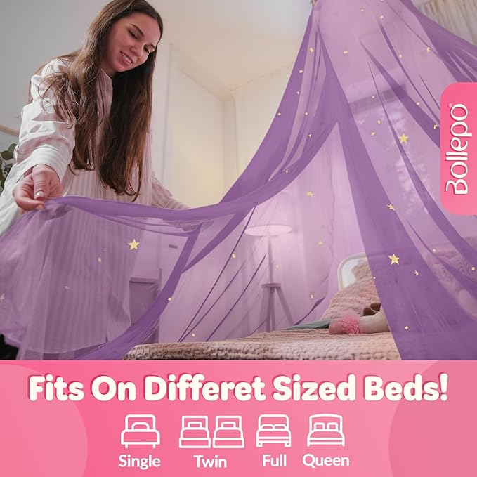 Bollepo Purple Bed Canopy for Girls with Glowing Stars - Princess Netting Room Decor, Ceiling Tent to Cover Toddler | Single, Twin, Full, Queen Size Kids Bed, Fire Retardant Fabric