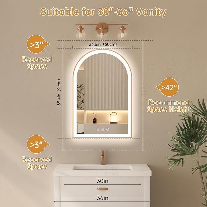 Arched LED Mirror for Bathroom 24"x36", Orange Gold LED Bathroom Mirror with Lights, Fogless, Dimmable, Shatterproof, Touch Sensor, 3 Color Changing