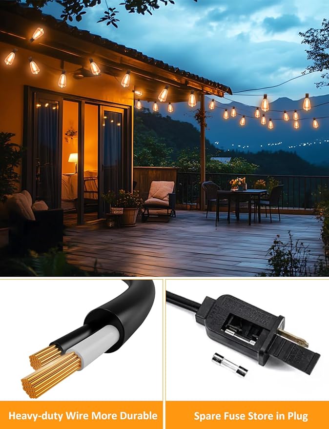 GHUSTAR 100FT LED Outdoor String Llights (NOT Solar) – Patio Lights Outdoor Waterproof for Outside – 2700K Vintage Edison Bulb String Light – Shatterproof Hanging Light for Cafe Porch Deck