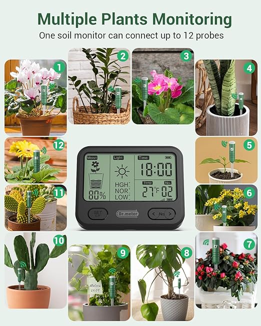 4-in-1 Soil Moisture Meter, 300ft Wireless Soil Tester Sensor, Temperature/Light/Time/Soil Hygrometer Monitor with Digital LCD Display for Indoor Outdoor Plants, Garden, Lawn, Gardening Gifts