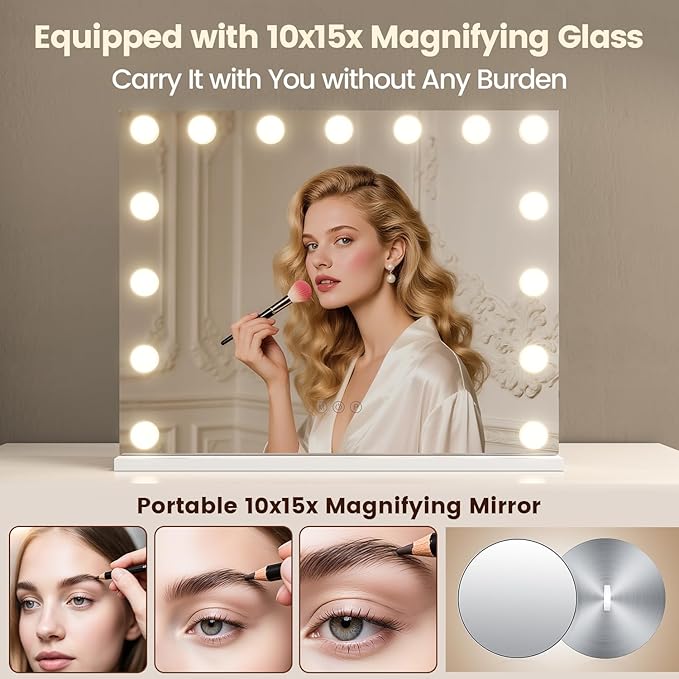 VESAUR Hollywood Vanity Mirror with 10X15X Magnification and Lights, 23"x18" Makeup Mirror with 15 Dimmable LED Bulbs, 3 Color Modes, USB/Type-C Port, Aluminum Frame, Tabletop & Wall Mount for Bedroom