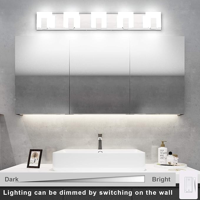 Aipsun Modern 5-Light LED Vanity Light - Dimmable Chrome Bathroom Wall Light Over Mirror (White Light)