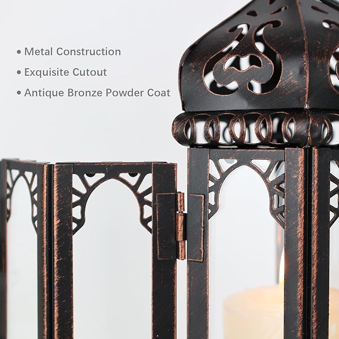 DECORKEY Vintage Medium Size Candle Lantern Decorative, Moroccan Style Vintage Hanging Lantern with Clear Glass, Metal Tabletop Lantern Decor, Indoor Outdoor Candle Holders for Coming Season