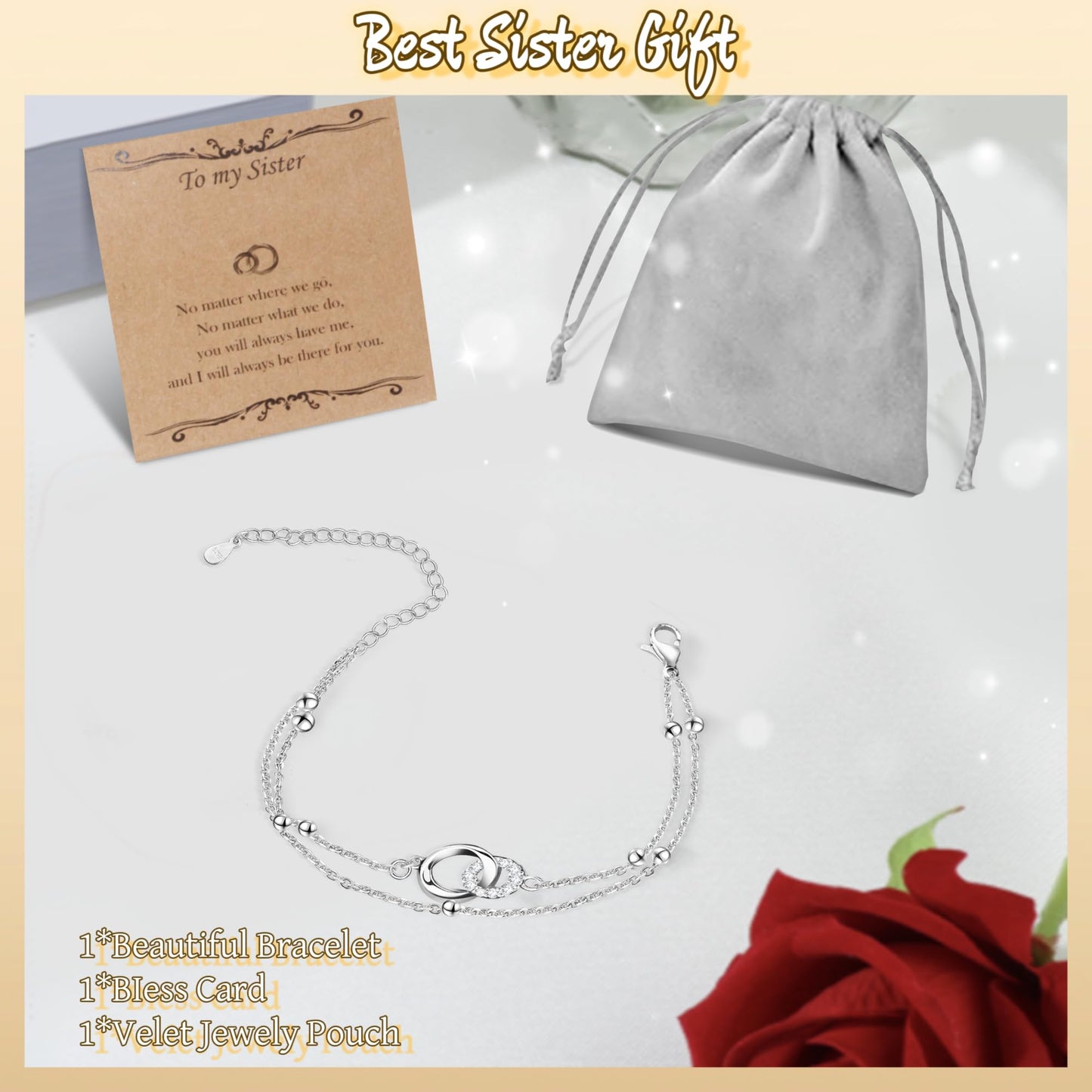 Sister Birthday Present : Cool Gifts for Adult Sister - Sterling Silver Interlocking 2 Circles-Dainty Layering Bracelets for Sisters, Christmas Valentine's Day Jewelry Gifts for BFF