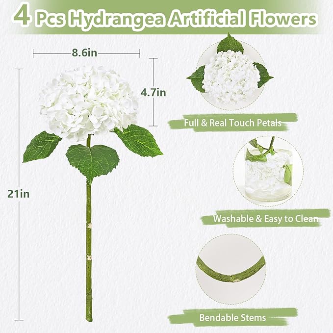 4 Pcs Real Touch Hydrangea Artificial Flowers, 21" White Full Faux Hydrangea Flowers Latex Fake Flowers for Home Decor Party Floral Arrangements Wedding Bouquets Centerpieces Outdoor Decor