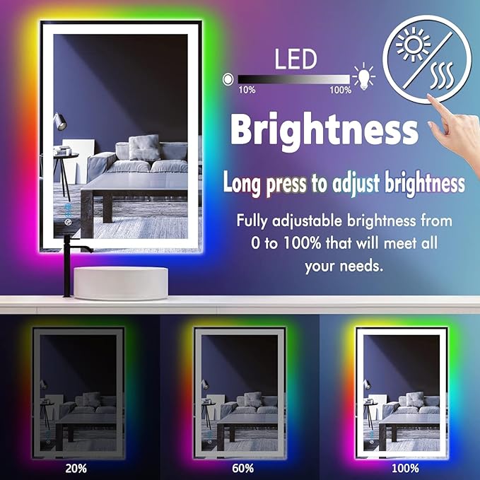 36 x 24 Inch Square LED Bathroom Mirror with Front Lights 3 Color + Rainbow RGB Backlit Light up Mirror for Bathroom Wall Mounted Lighted Vanity Mirror Anti Fog RGB 36x24 Smart Lighted Mirror