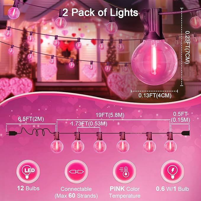 LAMPHOME 2 Pack 26FT G40 Pink Valentine's Day LED String Lights, 13 Shatterproof Globe Bulbs, Outdoor Hanging Patio Lights for Home Balcony Backyard Wedding Party Decor