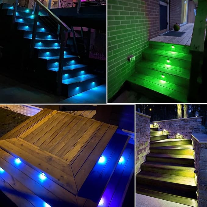 6 Pack LED Stair Lights Kit Low Voltage Waterproof IP65 Outdoor 1-2/5" Multi-Color RGB Recessed Wood LED Deck Lighting Yard Garden Patio Step Landscape Pathway Decor Lamps,RGB
