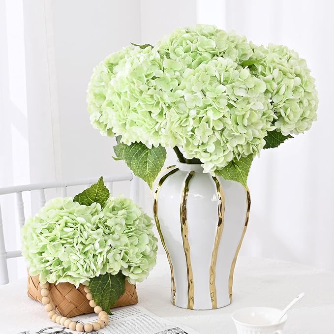 6 Pcs Real Touch Hydrangea Artificial Flowers, 21" Light Green Full Faux Hydrangea Flowers Latex Fake Flowers for Home Decor Party Floral Arrangements Wedding Bouquets Centerpieces Outdoor Decor