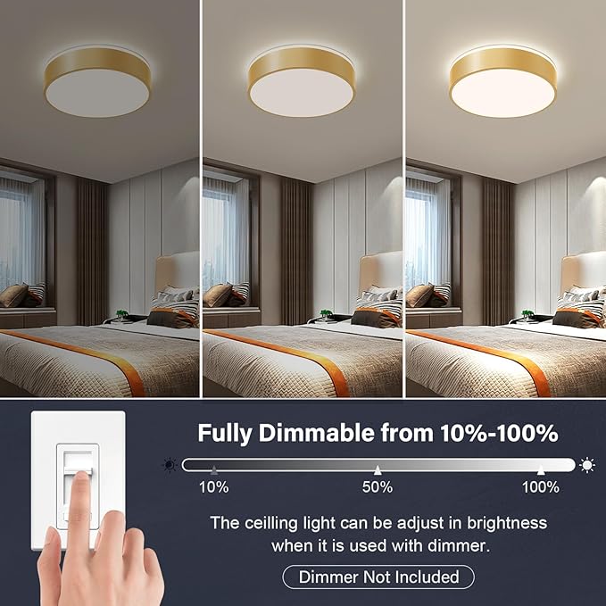 Dimmable Gold LED Large Flush Mount Ceiling Light, 5CCT 2700K-6000K Ceiling Light Fixture,Modern Round Metal Ceiling Lamp for Bedroom, Kitchen, Living Room 36W- 15.7in