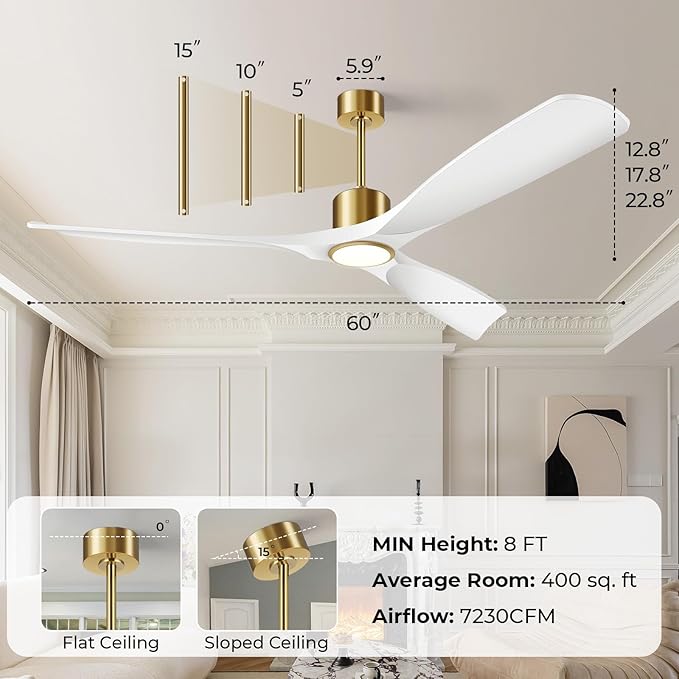 60 Inch Modern White and Gold Ceiling Fan with Lights, 3 Blade, Energy Efficient DC Motor, Smart App & Remote Control, 7230 CFM, 6 Speeds, 3 Light Colors, Indoor/Outdoor