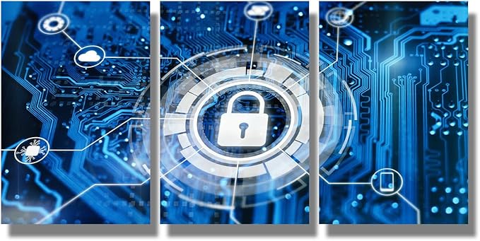 3 Panel Modern Wall Art Contemporary Posters and Prints, Cybersecurity and Secure Nerwork Artwork Modern Home Wall Decorations, Wooden Framed Gallery-Wrapped Ready to Hang, 16x24inchx3