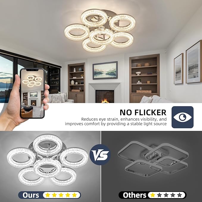 OKELI Modern Ceiling Light, 6 Rings 17.7'' Dimmable LED 60W Flush Mount Ceiling Lights with Remote Acrylic Crystal Round Ceiling Light Fixture, Bedroom Living Room Dining Room, Chrome