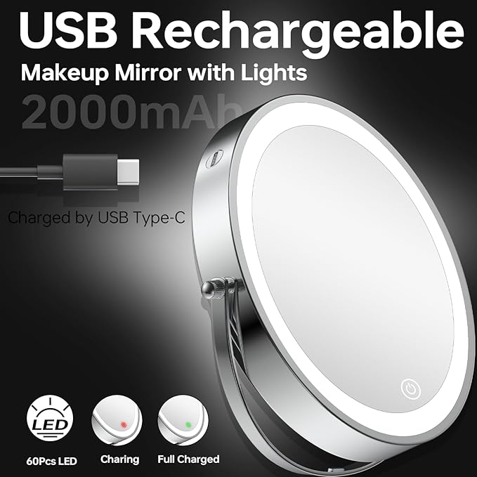 1X/20X Wall Mounted Makeup Mirror with Lights, 8" Double Sided Bathroom Magnifying Mirror with 360° Extension Arm, Dimmable, Rechargeable, Touch Control, Chrome