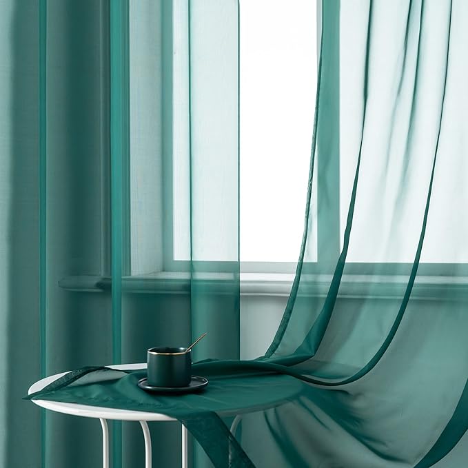 DUALIFE Hunter Green Sheer Curtains 45 Inch Length,Look Semi Sheer Curtain Drapes for Living Room Bedroom Loft Kitchen Bathroom Privacy Voile Window Treatment Panels,52 x 45 Inches,Set of 2