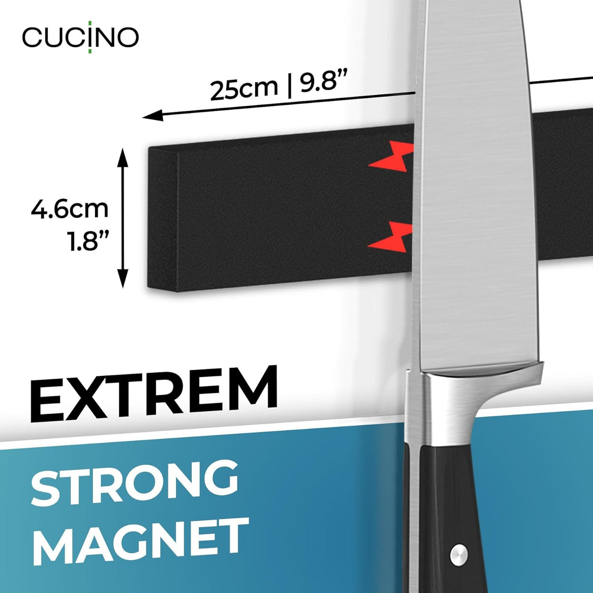 CUCINO Magnetic Knife Holder for Wall 10" No Drilling incl. Self Adhesive Tape - Extra strong Knife Holder - Awarded Knife Magnetic Strip - Made of Stainless Steel - black