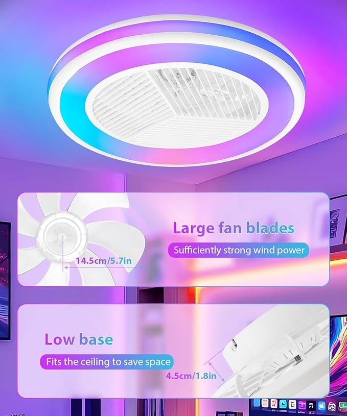 2-in-1 Low Profile Ceiling Fan with Light, 20” Caged Safety Design for Kids - RGB Color, Smart APP/Remote Control, Quiet Flush Mount DC Motor, Triangle, Ideal for Bedroom/Living Room/Kitchen, White