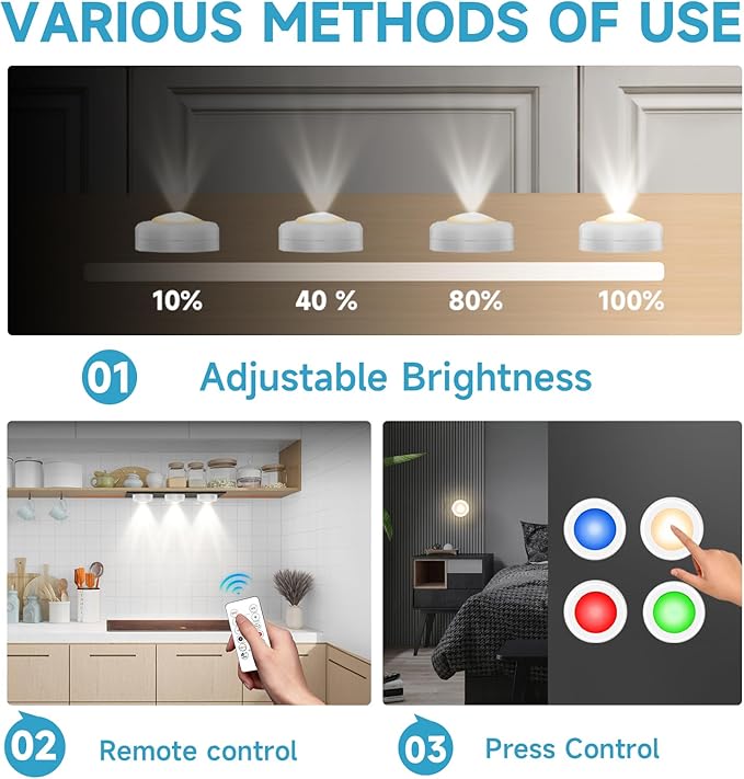 LED Puck Lights with Remote Control, Wireless Under Cabinet Lighting,Color Changing Lights with Dimmer and Timer, AAA Battery Operated Powered Push Night Lights (6 Pack White)