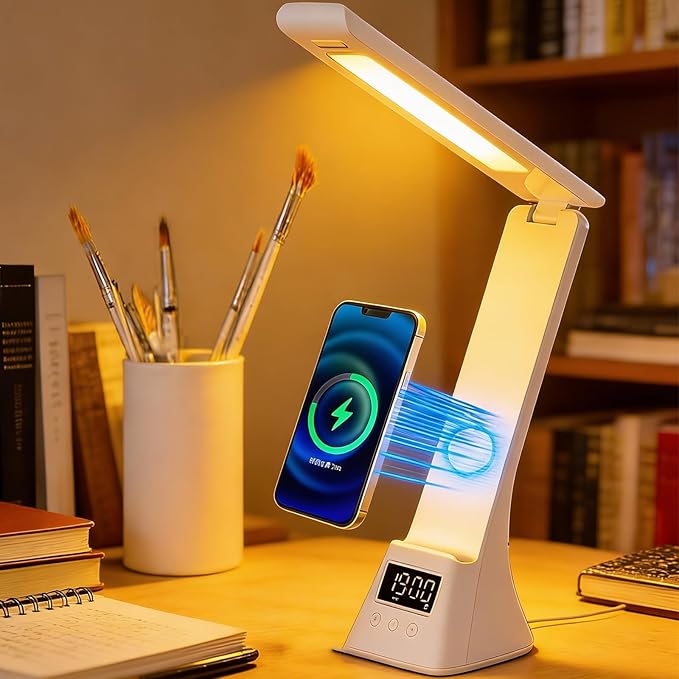 All-in-One Wireless Charging Desk Lamp with Digital Clock & Alarm, 15W Fast Phone Charger, 3 Color Lighting Modes, 180° Foldable, Touch Control for Bedroom, Office,TYV-2088 White.
