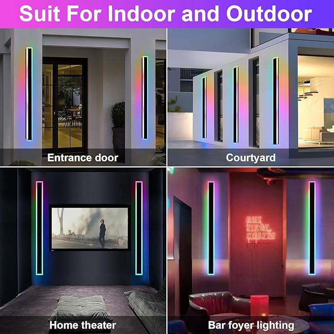 2 Pack Outdoor LED Wall Lights for House,RGB Long Outdoor Wall Lights,60 inch Long Linear Light Fixture,Dimmable Outside Wall Light for Porch,Enterway,Garage with Control Remote