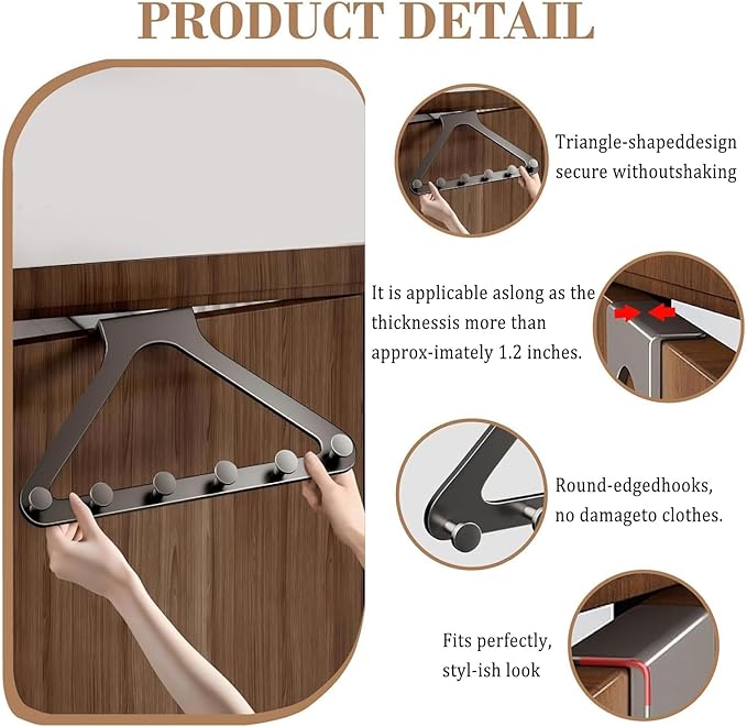 Grey Door Hook Metal Material Integrated Triangle 6 Hooks for Hanging Clothes, Hats, Hangers, Wallets, Towels, Keys on The Door