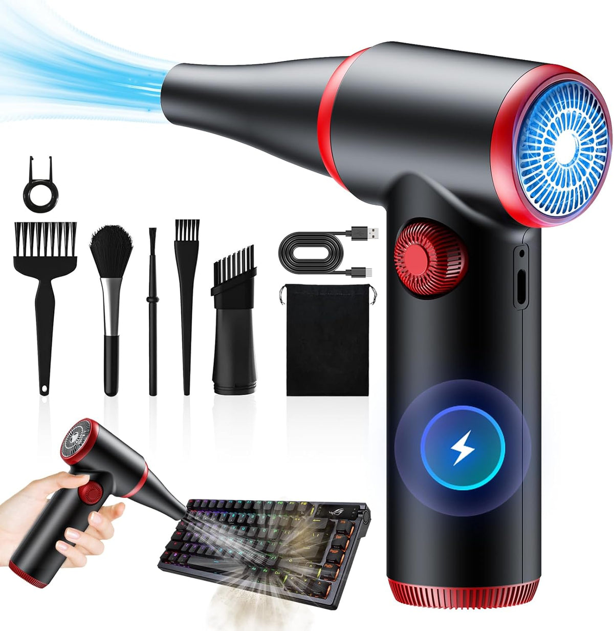 ATEngeus Compressed Air Duster, Stepless Speed Electric Air Duster, 100500RPM Cordless Air Duster with LED Light, Rechargeable Air Blower Replaces Canned Air, Keyboard Cleaner for Laptop, PC