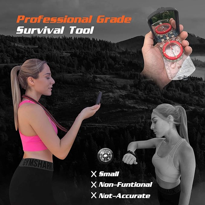PREPARED4X Hiking Compass Survival – Mirror Sighting Map Orienteering Compass – with 35-Ft 550 Survival Paracord Lanyard, Fire Starter, Whistle, Fishing Line, Tinder Cord