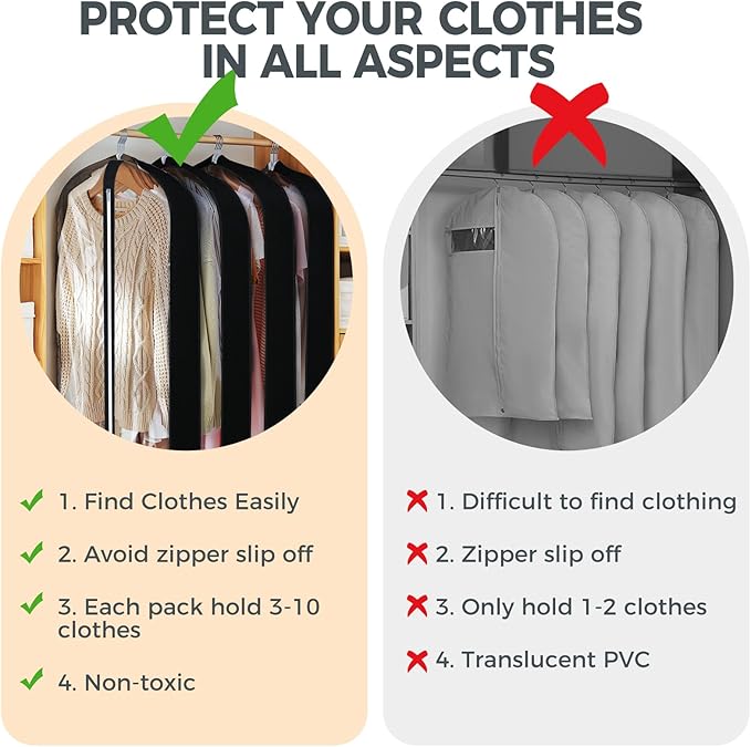 6 Pcs 60" Garment Bags for Hanging Clothes, Clear Suit Bags for Closet Storage Clothing Storage, Garment Bags Shoulder Covers with 4" Gussets for Coats, Jackets, Shirts and Sweater Black
