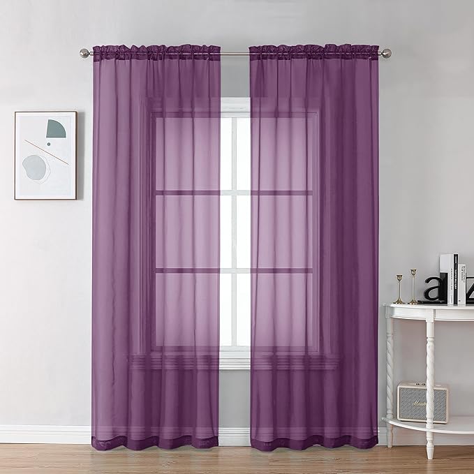 Chyhomenyc Plum Sheer Curtains, 84 inches Long 2 Panels Set, Rod Pocket Voile Drapes for Living Room Bedroom, 2PCS, Each 42 W x 84 L