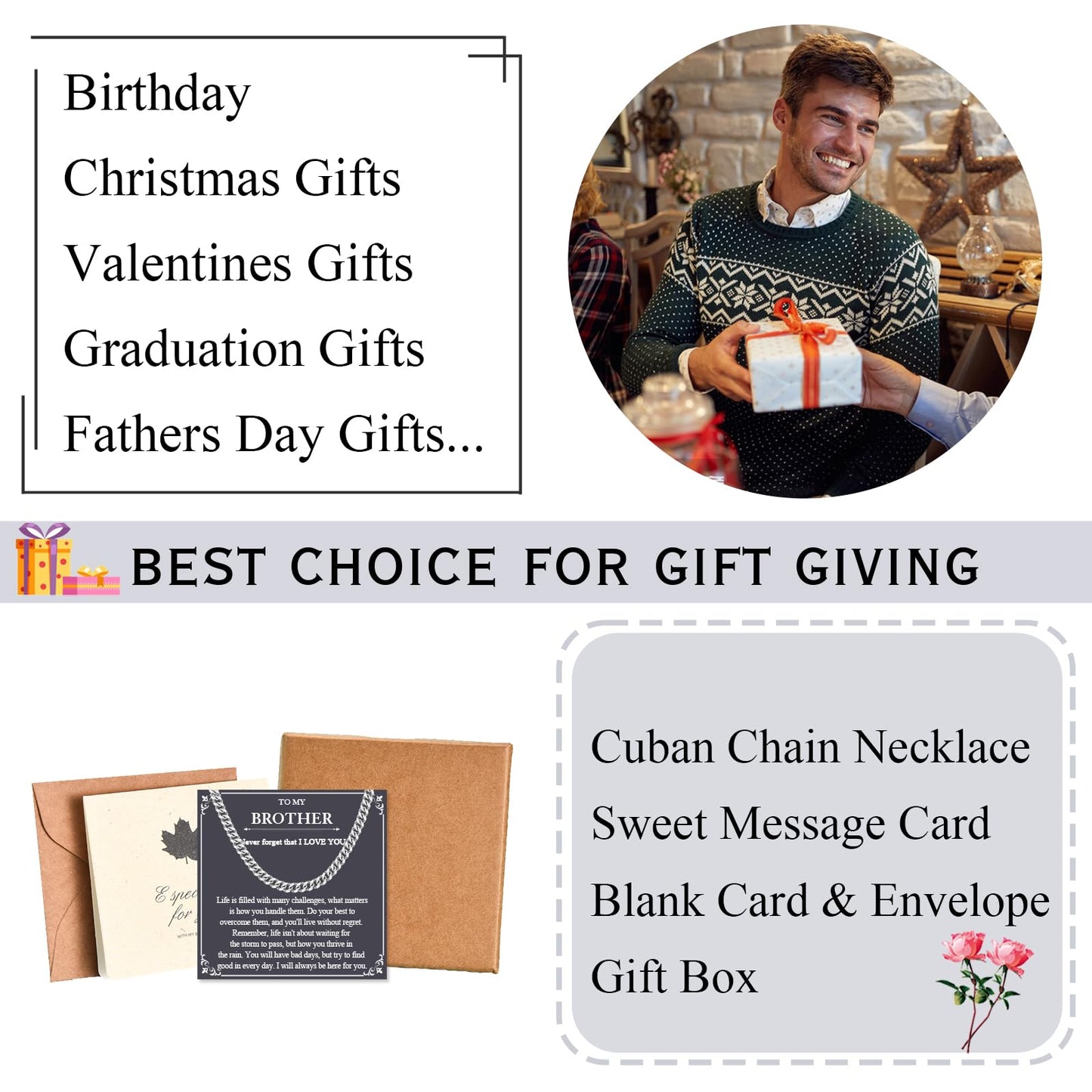 Brother Gifts, Cuban Link Chain Necklace for Big Little Brother Birthday Valentines Easter Graduation Fathers Day Back to School Christmas Gifts Easter Basket Stuffers for Boys Teens Men Adults