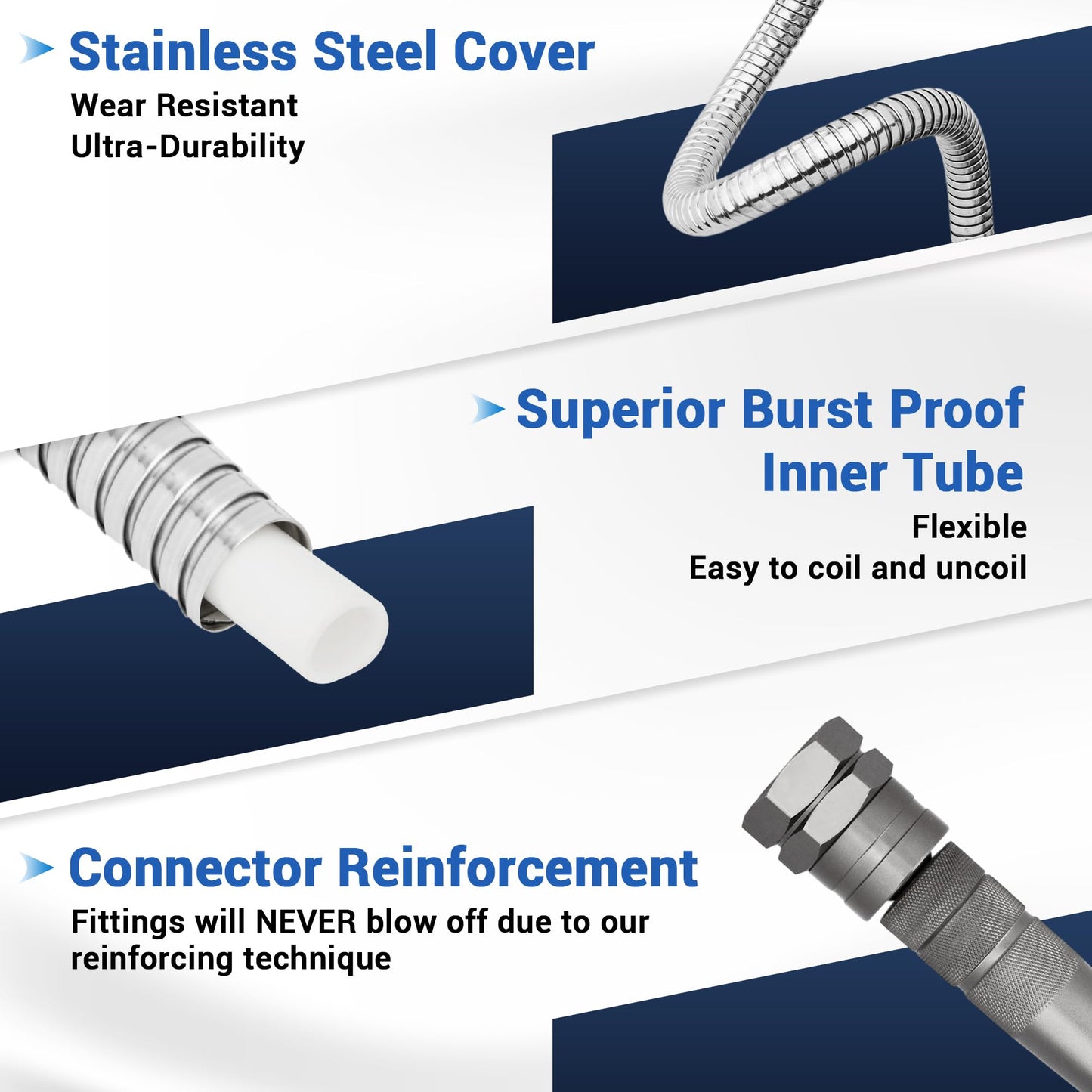 100 FT Stainless Steel Garden Hose – Long Reach 304 Steel Metal Water Hose, No-Kink, Leak-Proof Swivel Fittings, Puncture Resistant, 8-Pattern Nozzle for Large Yards, Driveways, Farm Tasks