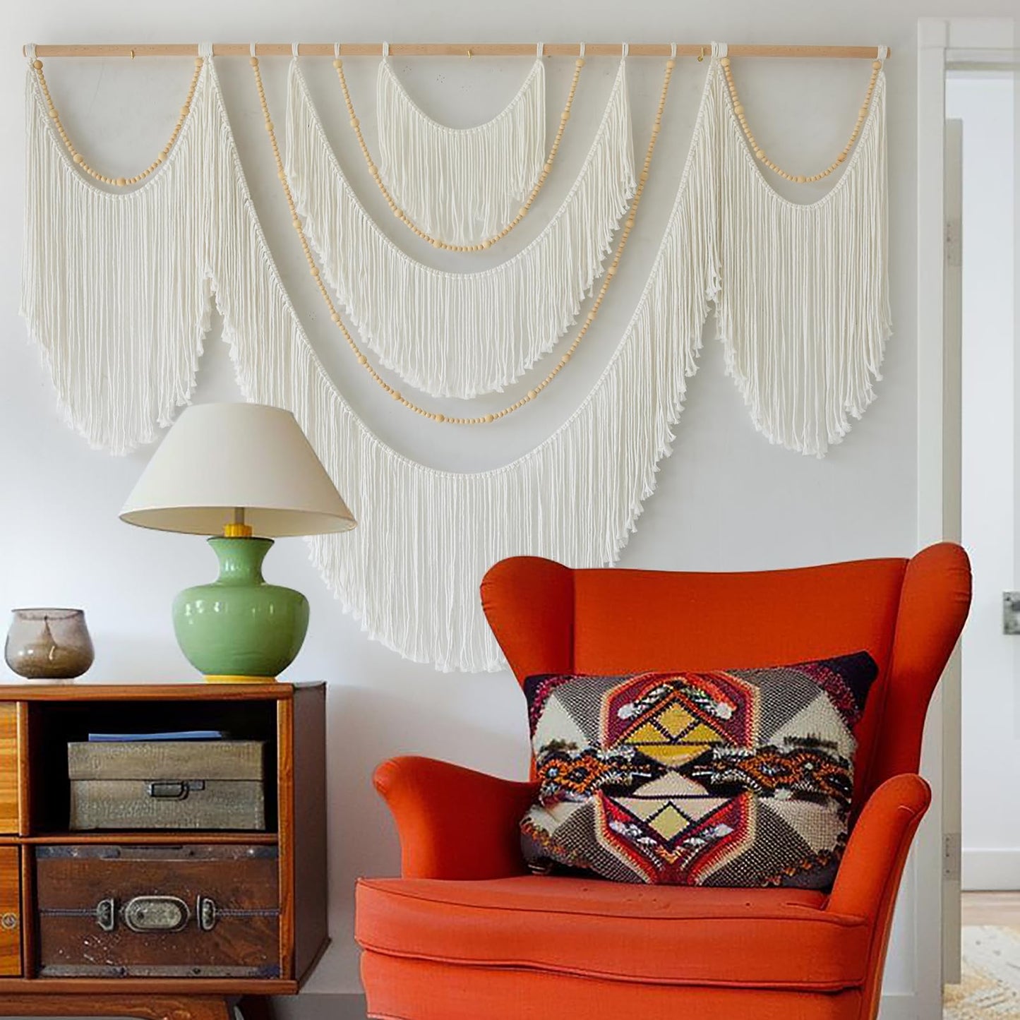 Flber Large Macrame Wall Hanging – Boho Yarn Art Garland with Tassels and Beads, Handmade Rope Decor for Nursery, Party, Wedding, Bedroom, Fireplace Mantel, or Photo Backdrop 57" W x 41"" L"