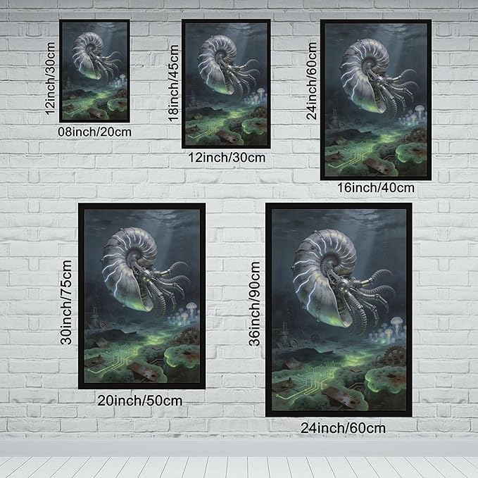 Framed Steampunk Mechanical Nautilus Wall Art - Underwater Industrial Poster for Man Cave Studio Decor 16x24in