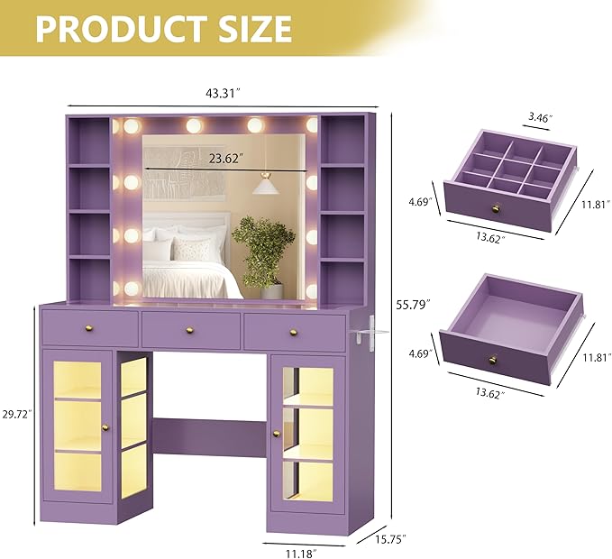 Makeup Vanity Desk with Mirror and Lights, Glass Top Vanity Table Set with Drawers & Power Outlet, Large Dressing Table with 3 Color Lighting Modes & RGB Cabinets for Women Girls Kids Bedroom, Purple