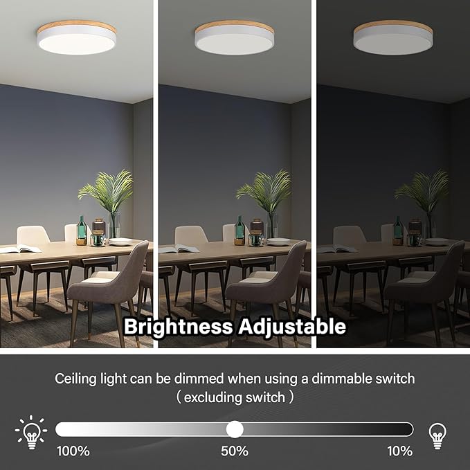 Modern LED Ceiling Light, Dimmable Wood Flush Mount Ceiling Lighting Fixture, 5CCT Round Wood Close to Ceiling Lamp for Kitchen Hallway Bathroom Office Laundry Room Entryway Nursery(White& 15.75 in)