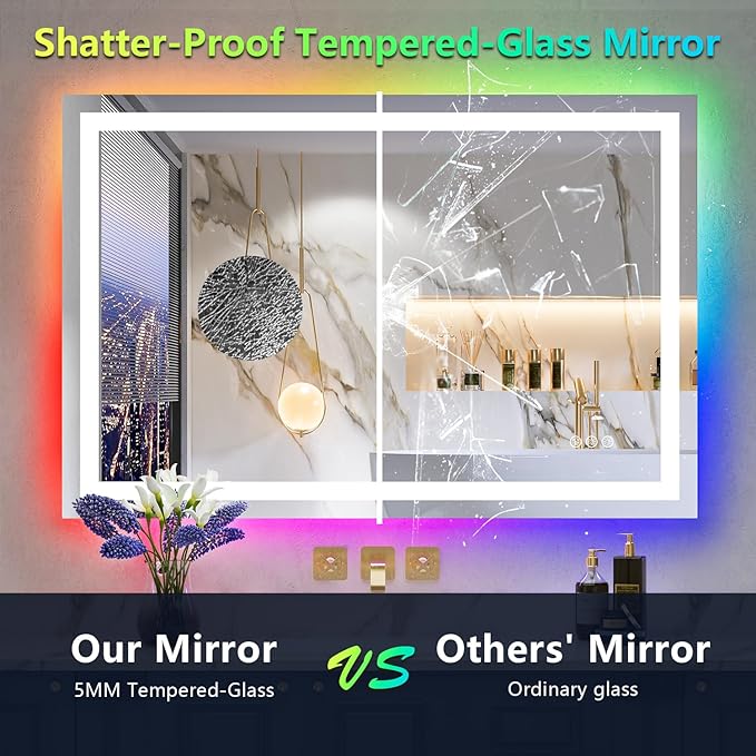 48x32 Inch RGB LED Bathroom Mirror Front Light and RGB Backlit Lighted Vanity Mirror for Bathroom Wall Mounted Dimmable Anti Fog Memory Shatter-Proof IP54 Waterproof Horizontal/Vertical