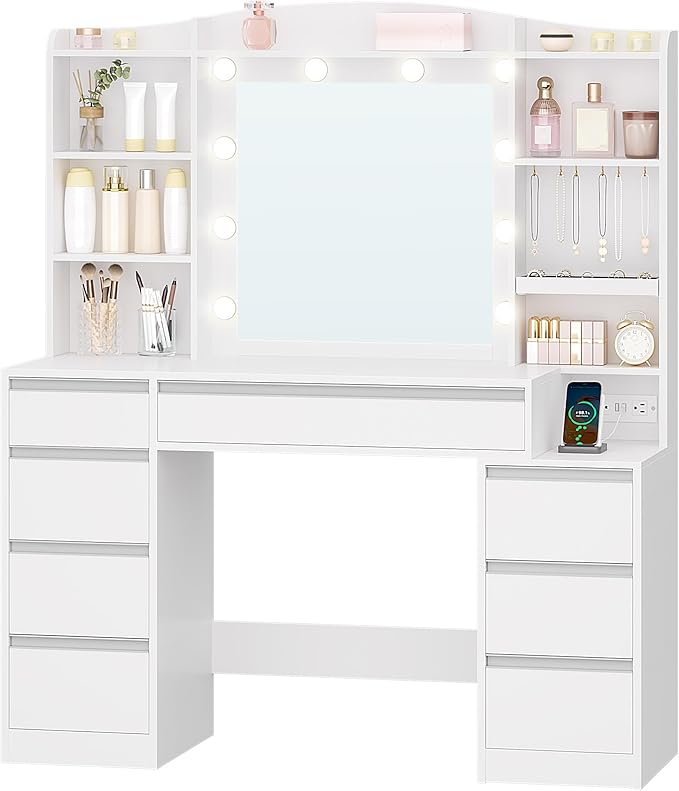 Vanity Desk with Mirror, Makeup Vanity with RGB Led Lights,Dressing Table with Power Strip,8 Drawers & 8 Storage Shelves, 47.2inch Desktop, Modern, White
