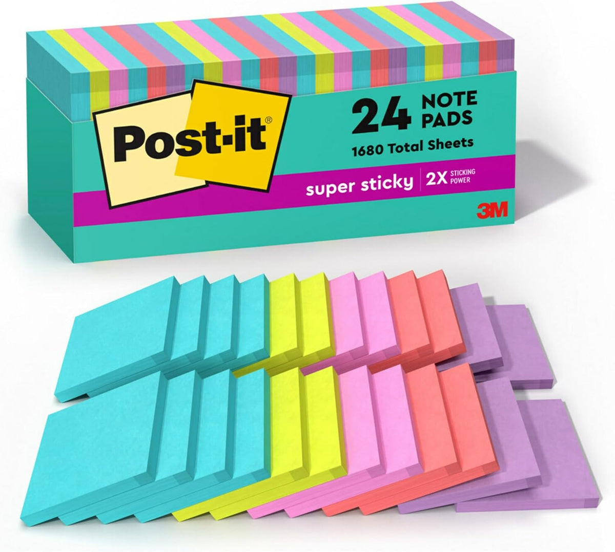 Post-it Super Sticky Notes, 24 Sticky Note Pads, 3 x 3 in., School Supplies, Office Products, Sticky Notes for Vertical Surfaces, Monitors, Walls and Windows, Supernova Neons Collection (Pack of 8)