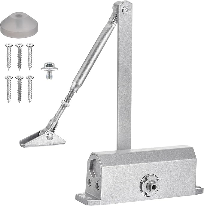 MECCANIXITY Door Closer Automatic Door Closer for 65-85kg Outdoor Internal Metal Wooden Doors,90D Medium Duty Spring Hydraulic Auto Door-Closer Automatic Adjustable Closer(Silver,Aluminum)