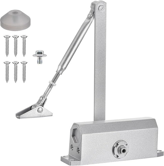 MECCANIXITY Door Closer Automatic Door Closer for 65-85kg Outdoor Internal Metal Wooden Doors,90D Medium Duty Spring Hydraulic Auto Door-Closer Automatic Adjustable Closer(Silver,Aluminum)