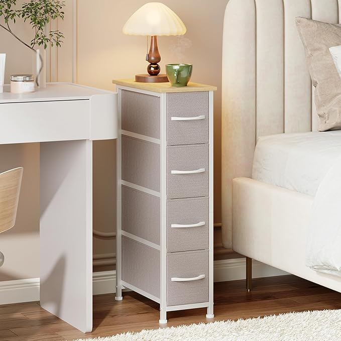 Somdot Narrow Dresser with 4 Drawers, Slim Storage Organizer Chest of Drawers with Removable Fabric Drawers for Small Spaces Bathroom Closet Bedroom Laundry, Ash Grey