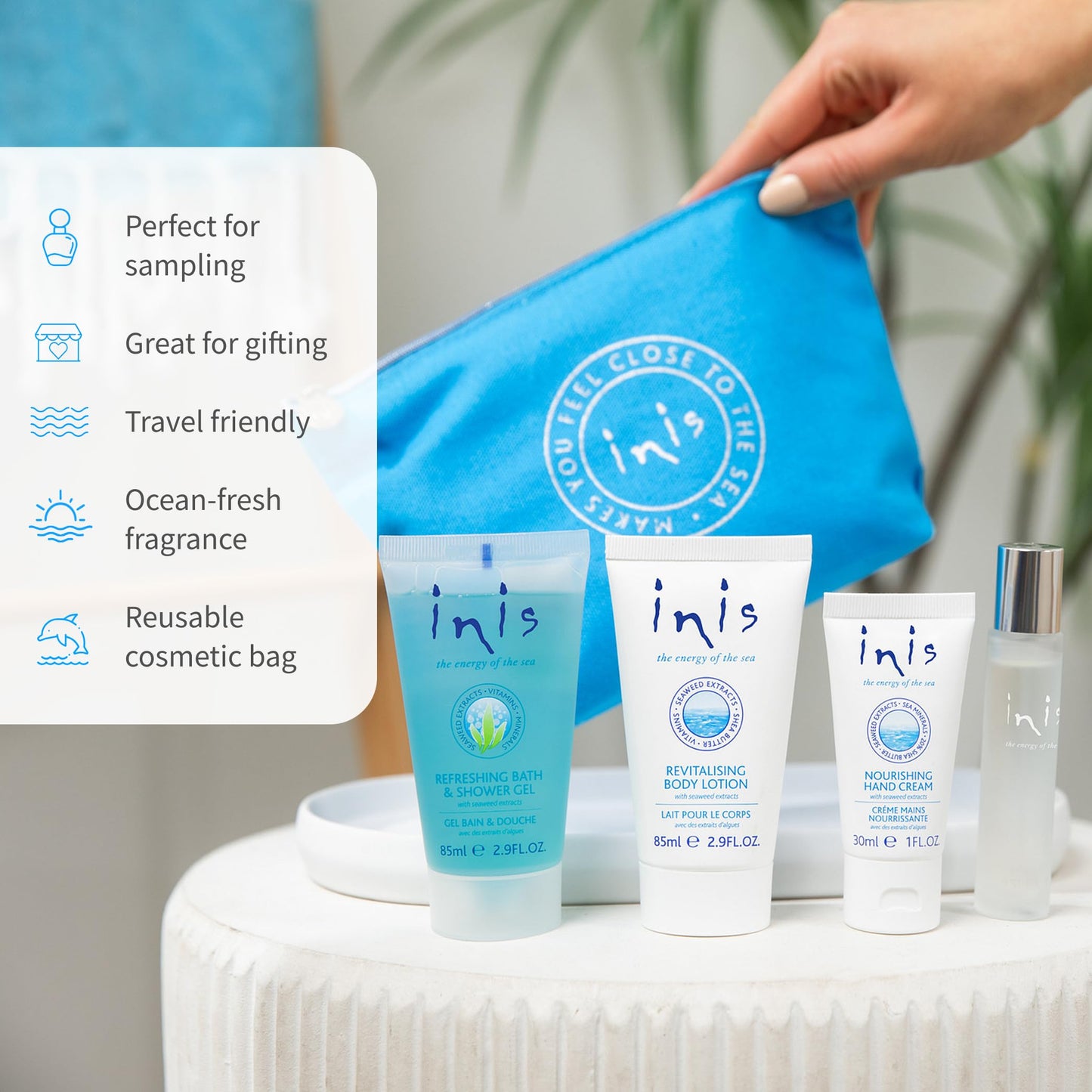 Inis the Energy of the Sea Voyager Gift Set - Hydrating Body Lotion - Refreshing Shower Gel - Body Wash - Unisex Cologne - Hand Cream For Women - Perfume - Travel Size Cosmetics With Cosmetic Bag