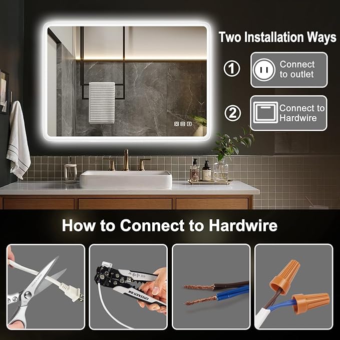 S'bagno 32" x 24" LED Bathroom Mirror with Lights, Bluetooth Speaker, Anti-Fog & Waterproof, Dimmable Wall Mirror with Touch Control, 3 Light Colors, Vertical or Horizontal, Ideal for Family Bathrooms