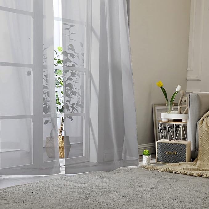 Aiyufeng 2 Piece Grey Short Sheer Curtains 45 Inch Length, Light Filtering Kitchen Curtain for Bedrrom/Living Room/Kitchen Window, Voile Top Dual Rod Pocket, 2 x 40 W x 45" L