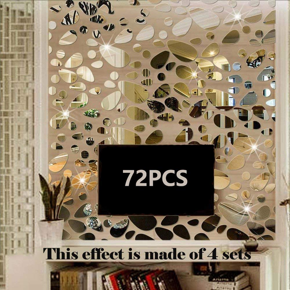 TTSAM 72Pcs Mirror Decals Wall Stickers - Cobblestone Shape DIY Decor for Home Room Bedroom Office Decoration Silver