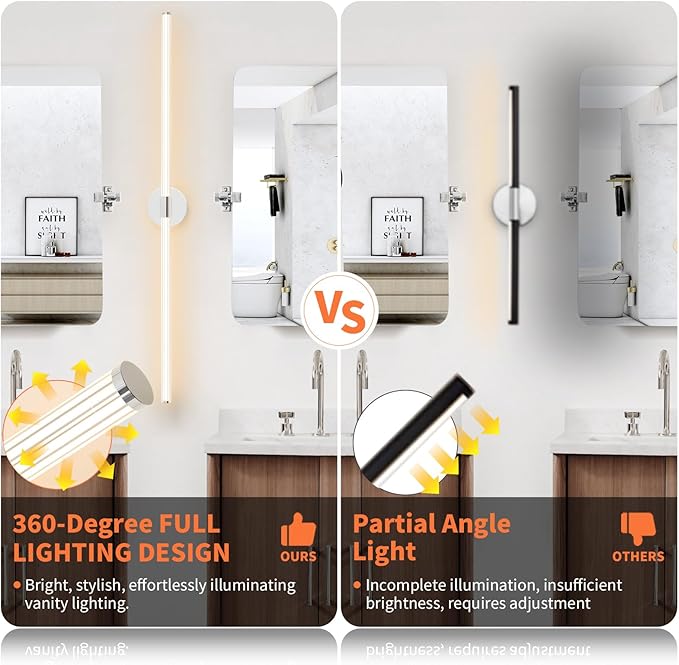 Bathroom Vanity Lights 49 inch Long Bathroom Light Fixtures Over Mirror Hardwired, Dimmable LED 360° Full Lighting Modern Vanity Light Bar Wall Sconce Warm Light for Bedroom Living Room - Chrome