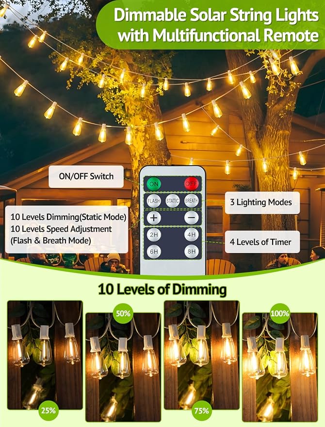 48FT Solar Outdoor String Lights with Remote & Timer, Shatterproof Dimmable 3 Modes Patio Lights with 15+1 ST38 LED Bulbs for Backyard-White