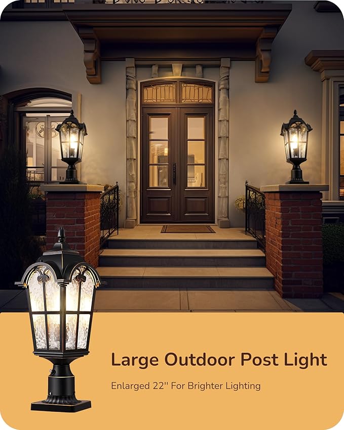 EDISHINE Large Size Dusk to Dawn Outdoor Post Light, 21.9'' H 120V Pole Light Fixture with Pier Mount Base, Waterproof Exterior Lamp Post Lantern Head for Yard, Driveway, Fence, Black