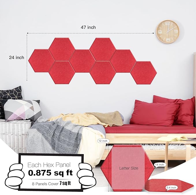 Mollywell Hexagon Acoustic Panels 14x12 - Reduce Echo & Reverb, Noise Blocking Wall Tiles for Gaming Room & Recording Studio, Red Sound Absorbing Panels